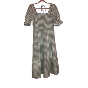 Zesica Cottage Core Sage Green & White Midi Smocked Tiered Dress Size XL